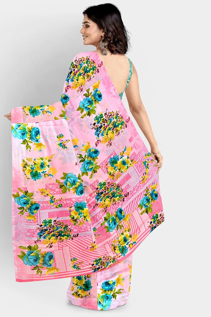 Butter Chiffon Saree with Floral Pattern and Unstitched Blouse (Pastel Pink)