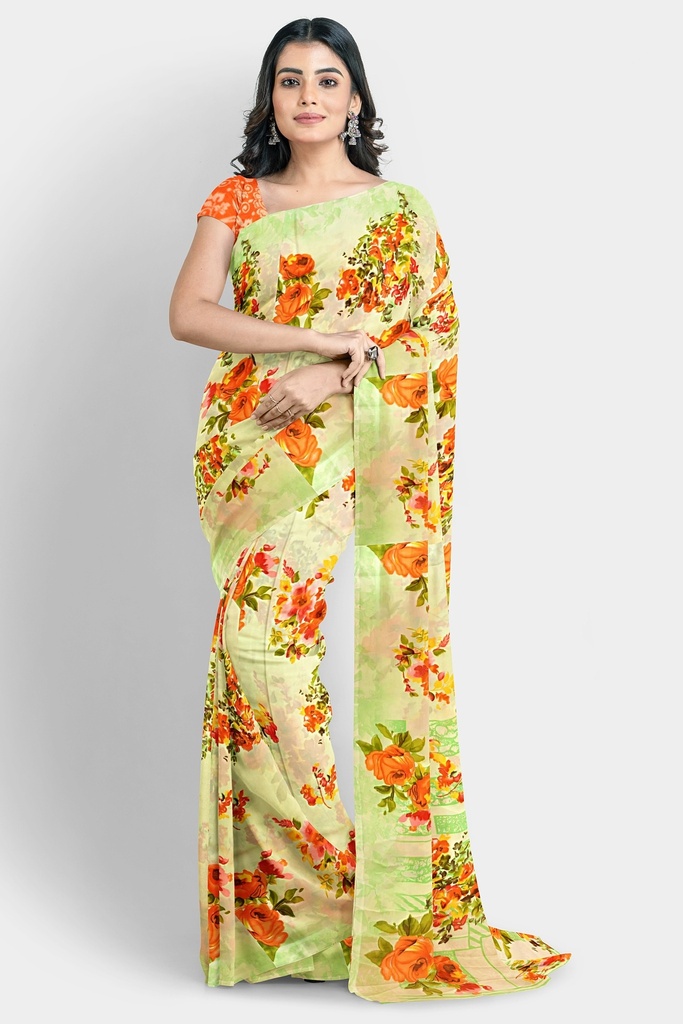 Butter Chiffon Saree with Floral Pattern and Unstitched Blouse (Pastel Green)