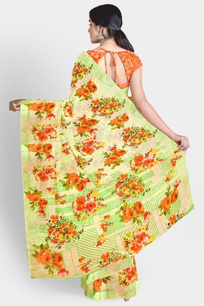Butter Chiffon Saree with Floral Pattern and Unstitched Blouse (Pastel Green)