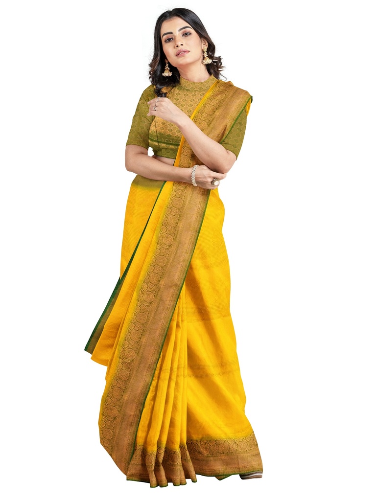 Yellow Soft Silk Saree with Contrasting Green Border and Unstitched Blouse
