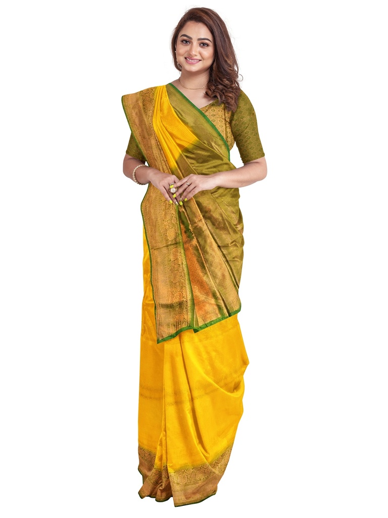  Yellow Soft Silk Saree with Contrasting Green Border and Unstitched Blouse
