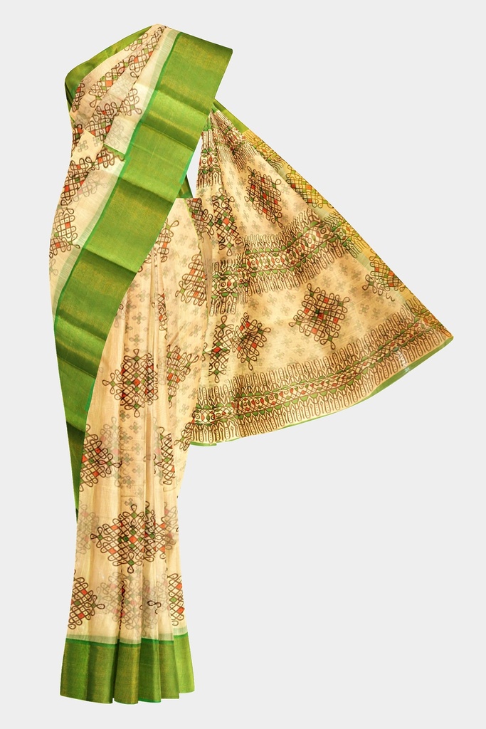 Fancy Cotton Saree with Unstitched Blouse (Half White with Green Border)