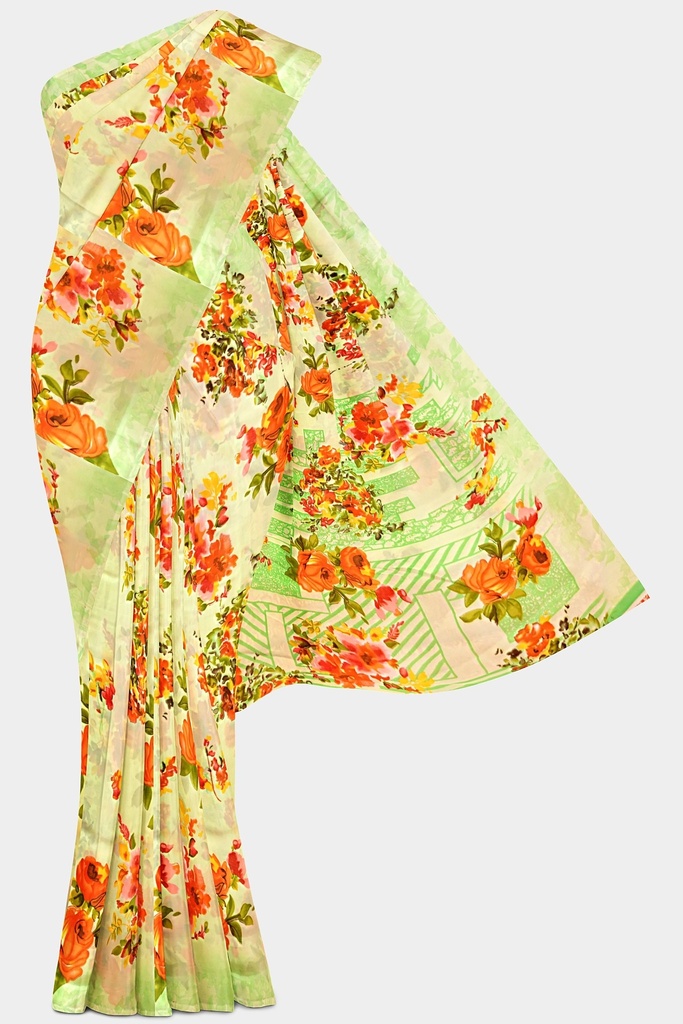 Butter Chiffon Saree with Floral Pattern and Unstitched Blouse (Pastel Green)