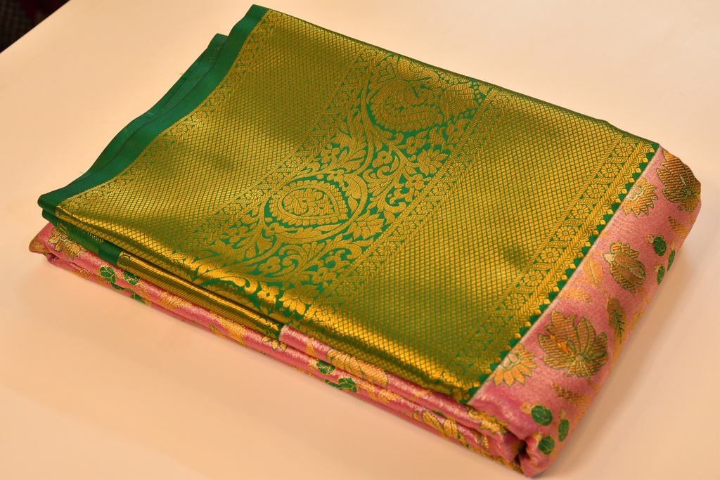 Pastel Pink Meenakari Tissue Semi Silk with Green Border