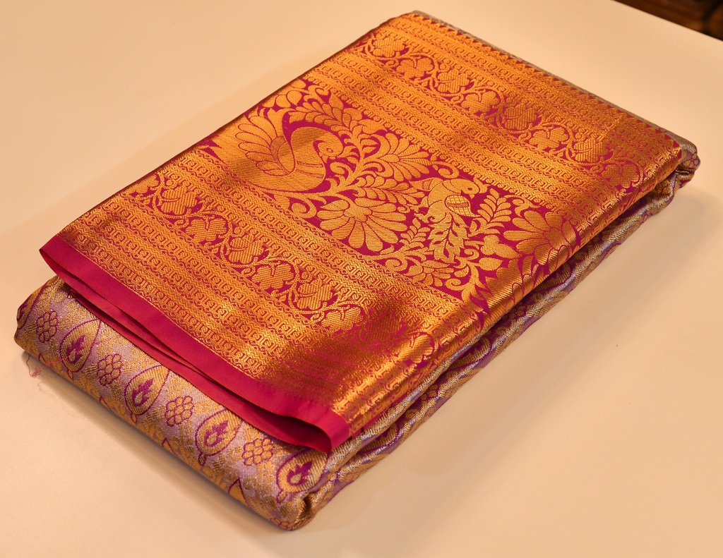 Dual-Shade Pink & Grey Tissue Semi-Silk Saree with Silver-Gold Zari Weaving