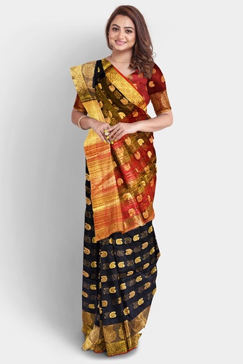 Black and Maroon Cotton Silk Saree with Mango Butta and Unstitched Blouse  
