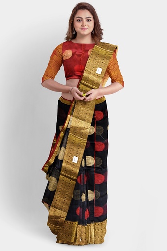 Black and Maroon Cotton Silk Saree with Big Round Butta and Unstitched Blouse