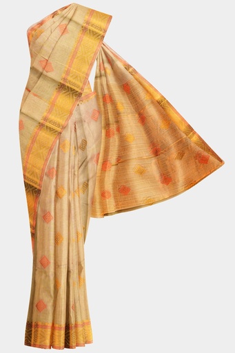 Half White Saree with Golden Zari and Geometrical Motif with Unstitched Blouse 