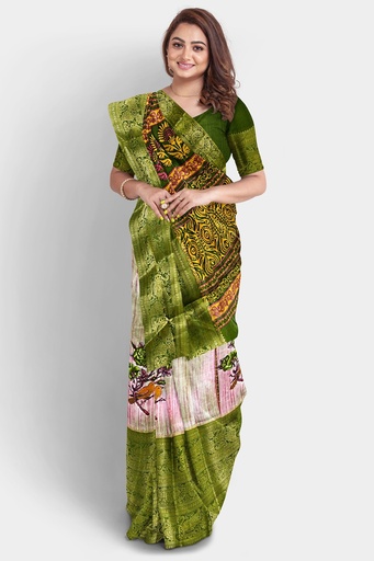 Linen Olive Green Saree with Jacquard Big Border and Unstitched Blouse