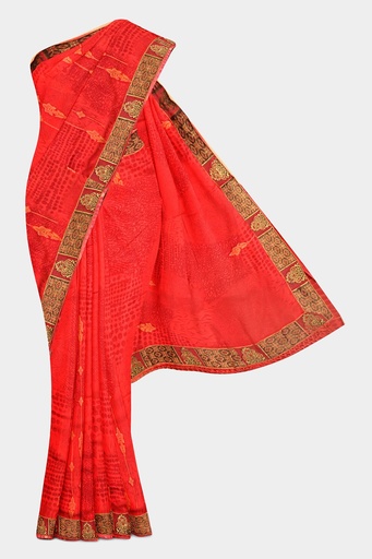 Red Chiffon Lace Bordered Saree with Unstitched Blouse