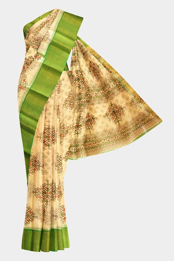 Fancy Cotton Saree with Unstitched Blouse (Half White with Green Border)