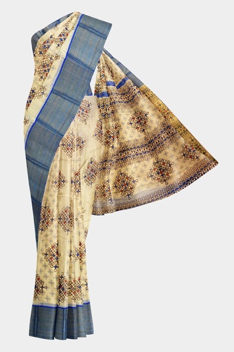  Fancy Cotton Saree with Unstitched Blouse (Half White with Blue Border)