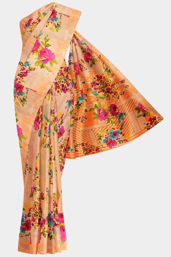 Chiffon Saree with Floral Pattern and Unstitched Blouse (Pastel Orange)