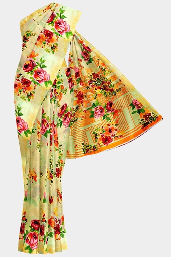 Butter Chiffon Saree with Floral Pattern and Unstitched Blouse (Pastel Yellow)