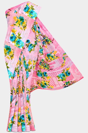 Butter Chiffon Saree with Floral Pattern and Unstitched Blouse (Pastel Pink)