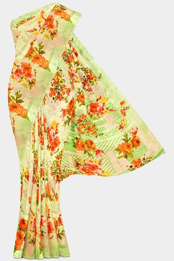Butter Chiffon Saree with Floral Pattern and Unstitched Blouse (Pastel Green)
