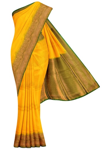  Yellow Soft Silk Saree with Contrasting Green Border and Unstitched Blouse