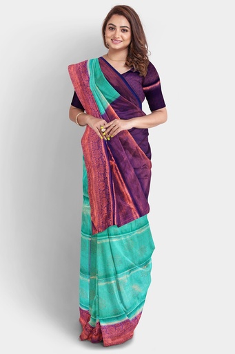 Rexona Green Soft Silk Saree with Dark Navy Blue Border and Unstitched Blouse