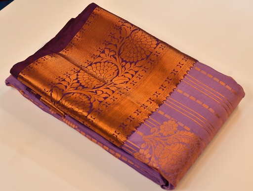 Lavender Color Semi Silk with Copper Zari and Brown Border