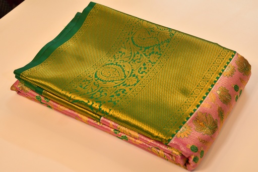 Pastel Pink Meenakari Tissue Semi Silk with Green Border