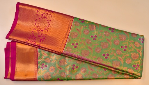 Pastel Green Meenakari Tissue Semi Silk with Pink Border