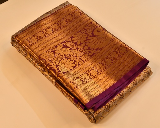 Grey & Silver Tissue Semi-Silk Saree with Wine Border and Gold-Silver Zari Weaving